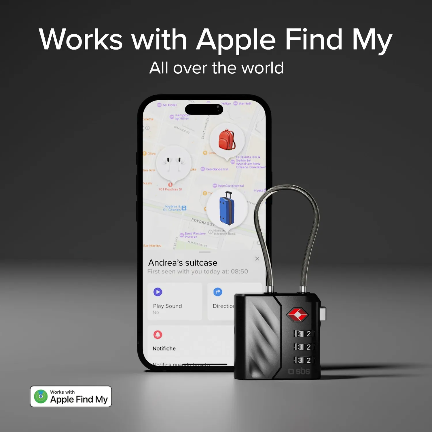 SBS Track Lock TSA Schloss Find My 60dB Alarm Schwarz