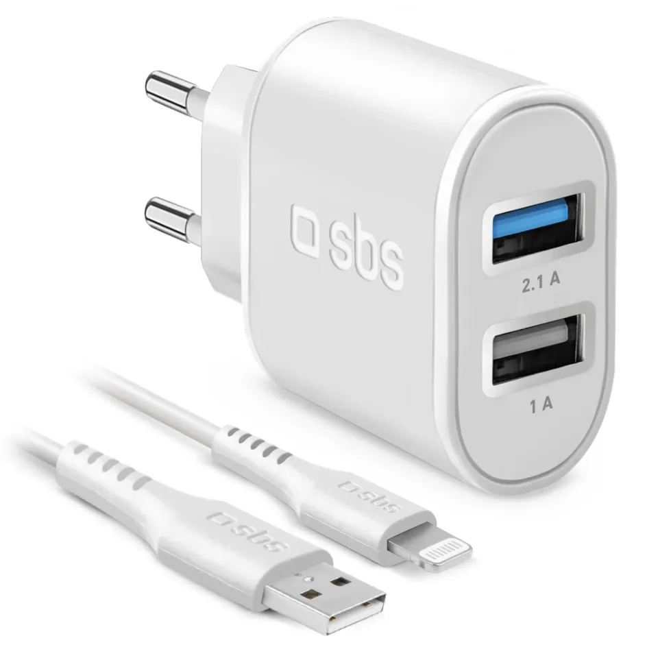 SBS USB Ladegerät Set 2-Port mit Lightning Kabel MFi 1m