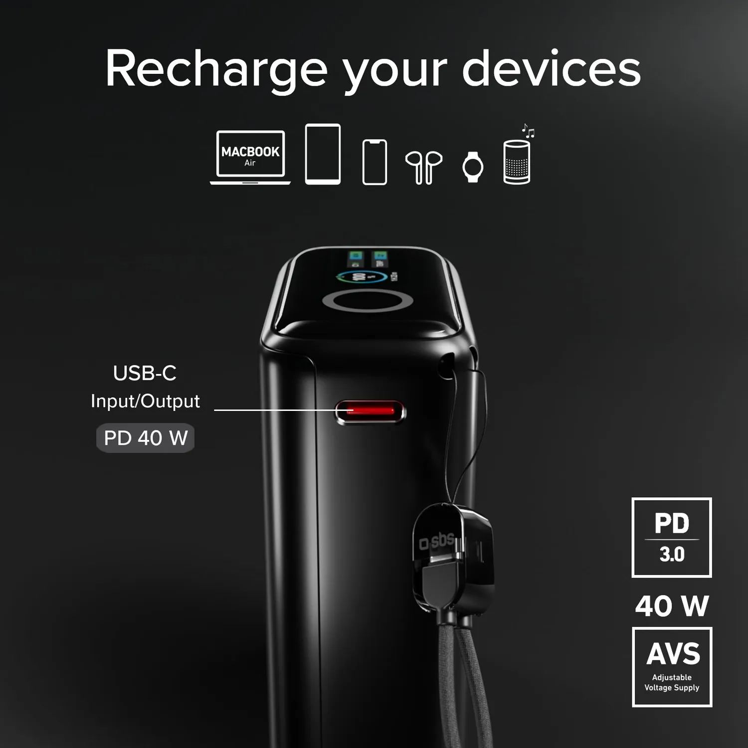 SBS Powerbank 10000mAh 40W PD 3.2 mit Display