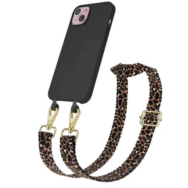 EAZY CASE iPhone 15 Plus Hülle mit Kette Leo Schwarz Braun