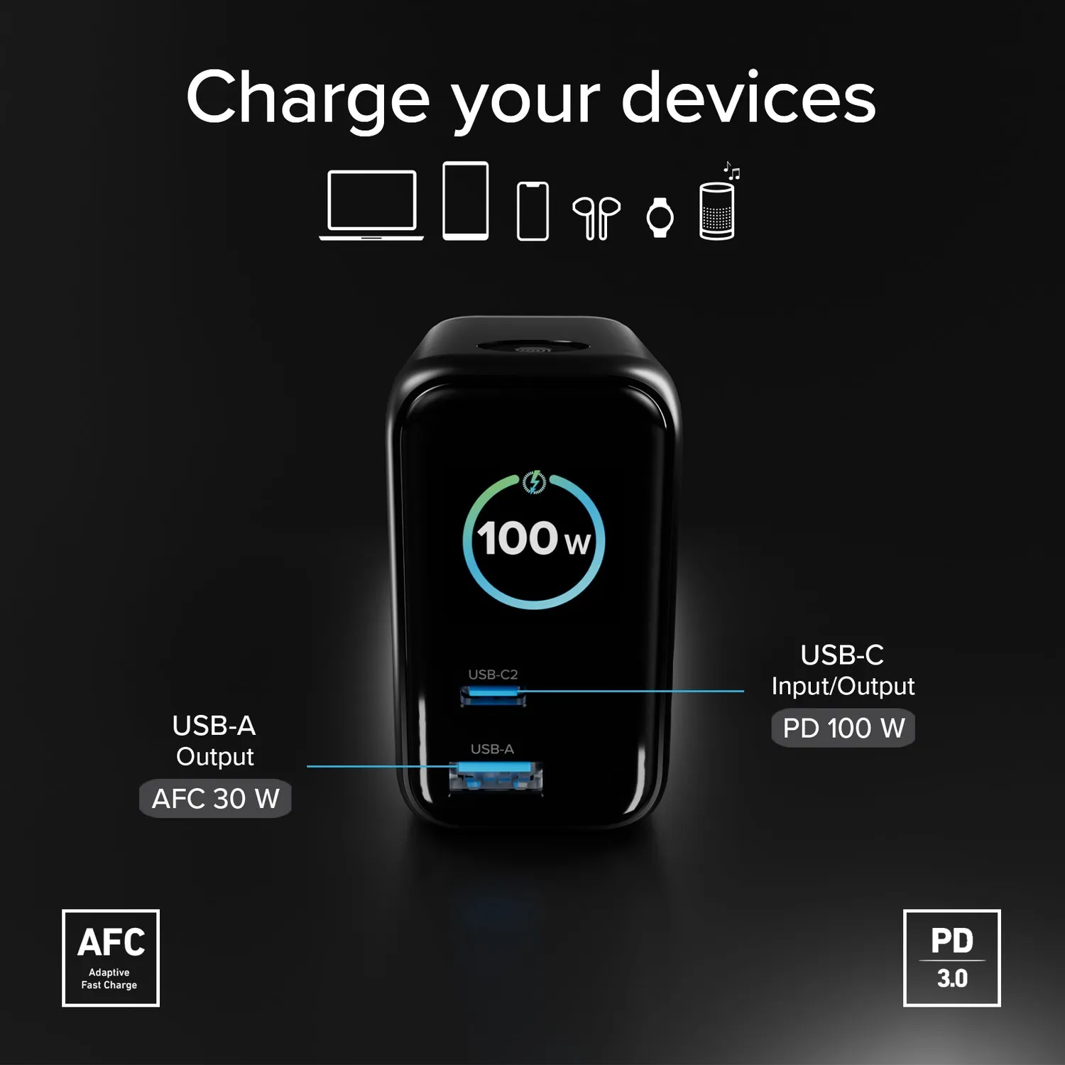 SBS Pulse Power 100W Ladegerät USB-C mit Kabel Display