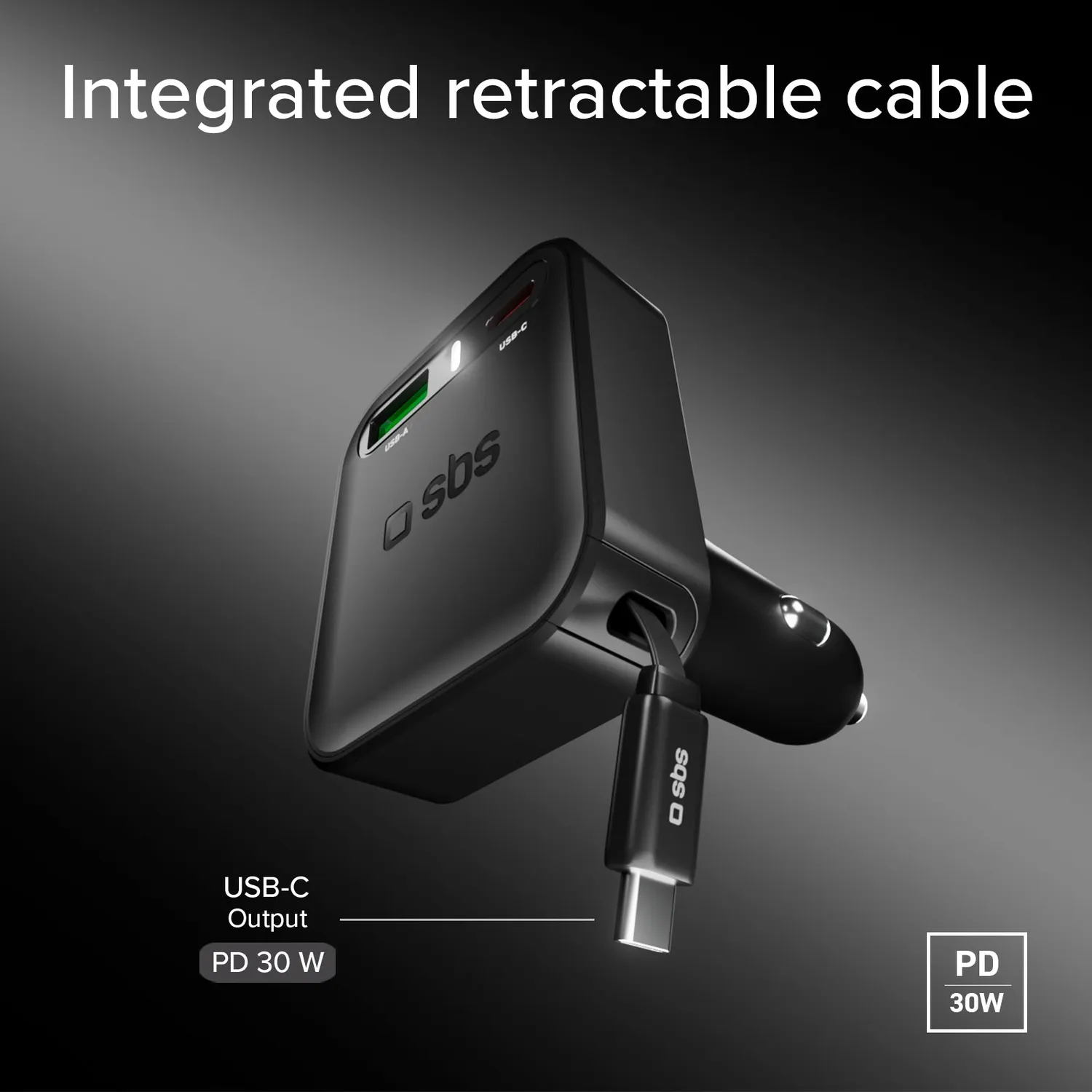 SBS Auto Ladegerät 3in1 Retraktibel USB-C 35W PD Kabel