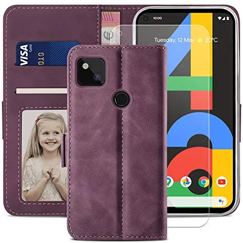 YATWIN Google Pixel 4a 4G Klapphülle Weinrot mit Folie