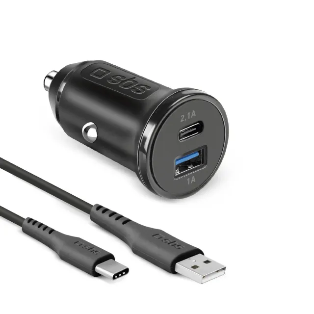 SBS 10W Auto Ladegerät 2xUSB mit USB-C Kabel Schnell