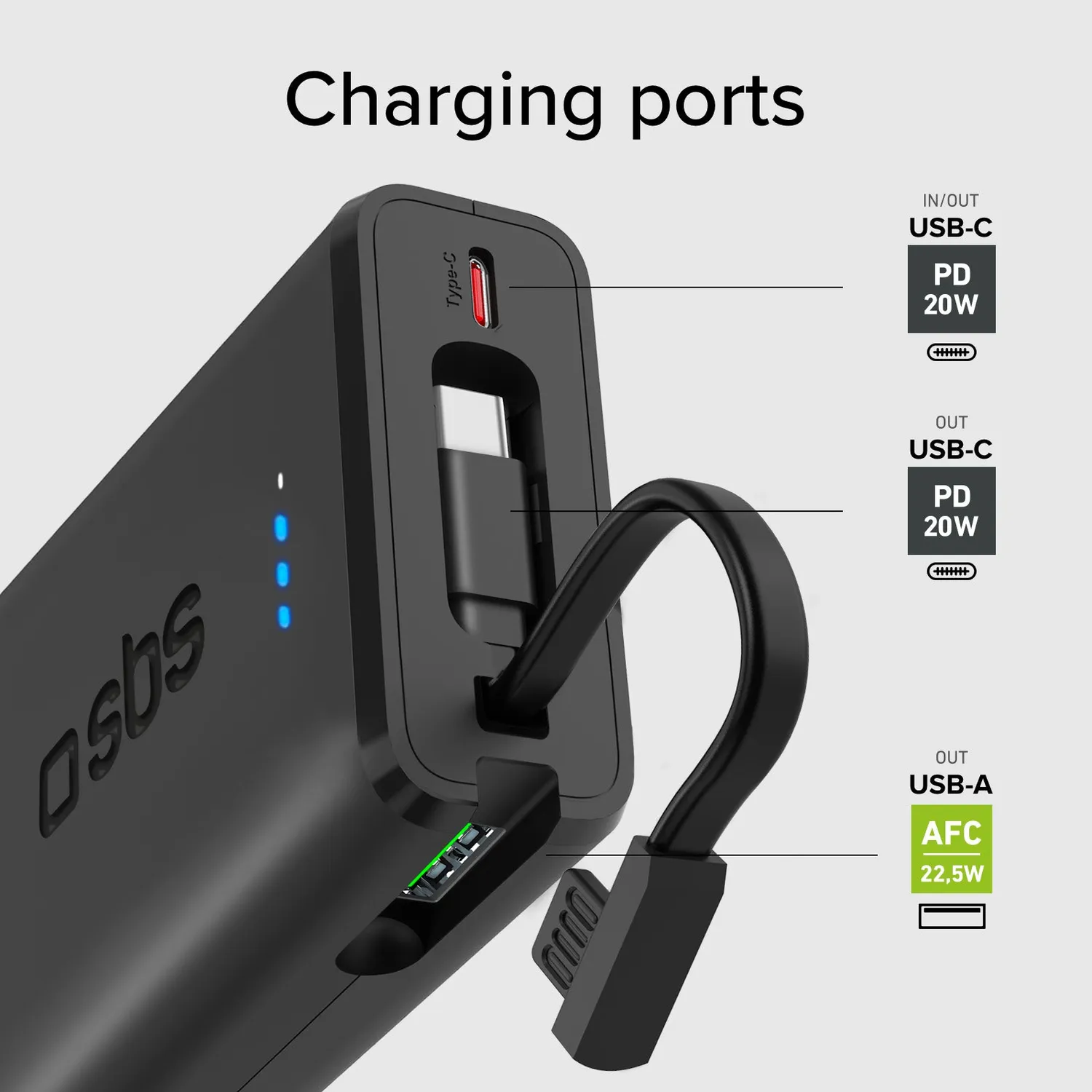 SBS Powerbank 10000 mAh PD 20W mit USB-C-Kabel