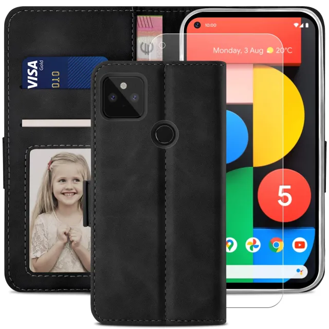 YATWIN Pixel 5 Klapphülle Schwarz mit Panzerglas + RFID