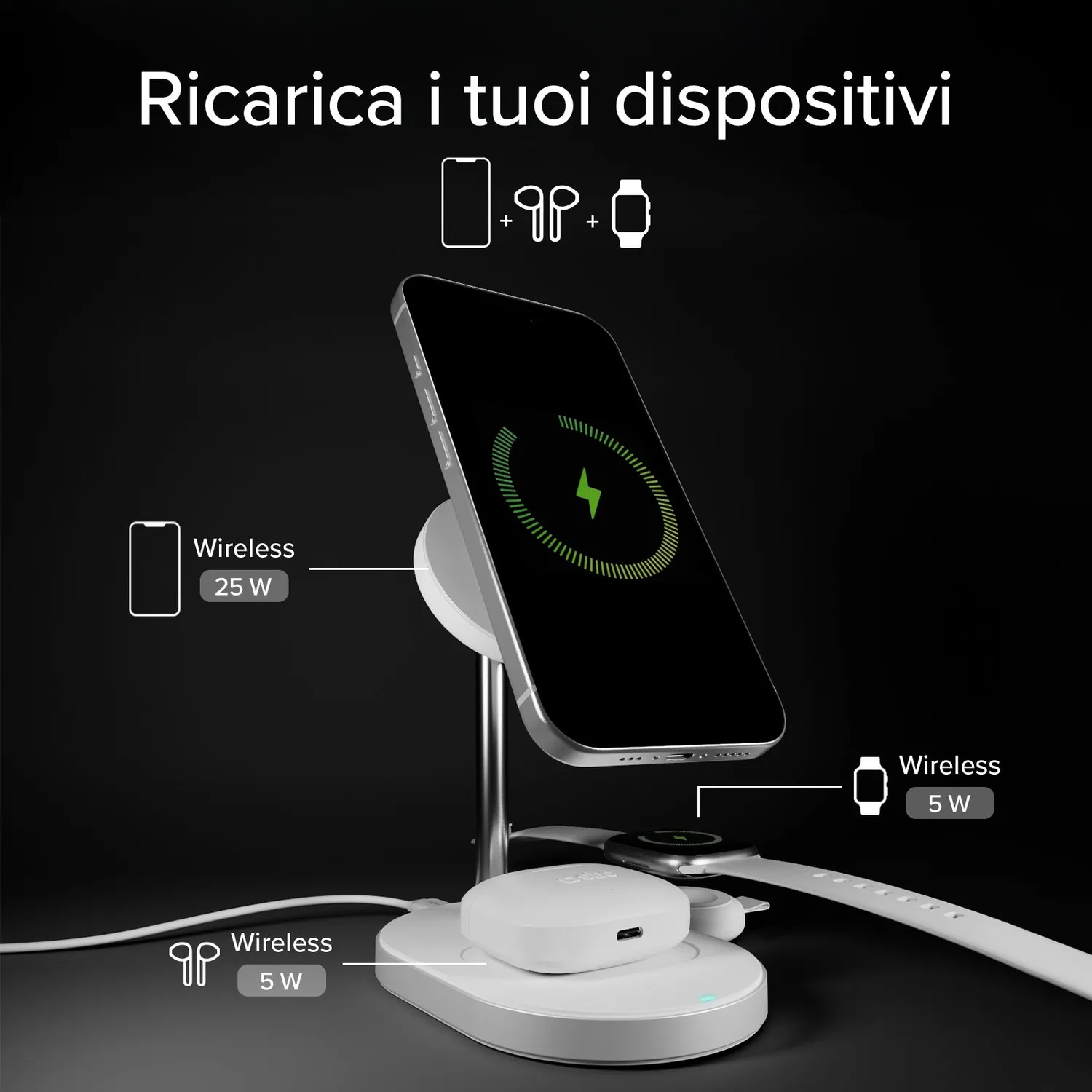 SBS Qi2.2 3-in-1 Ladestation MagSafe 25W für Apple Watch