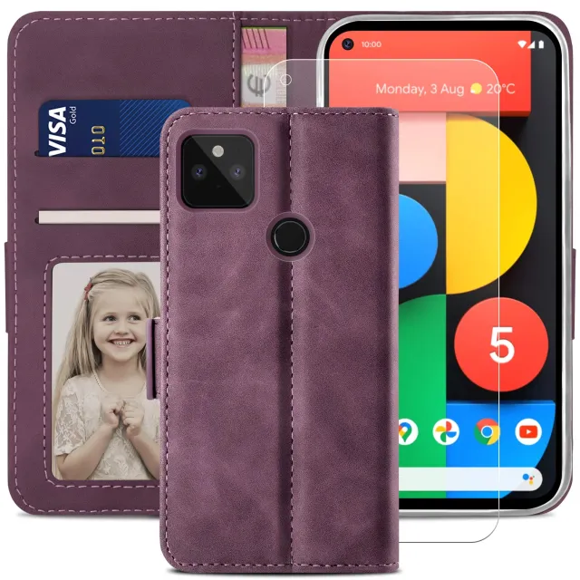 YATWIN Pixel 5 Klapphülle Weinrot Leder + Panzerglas
