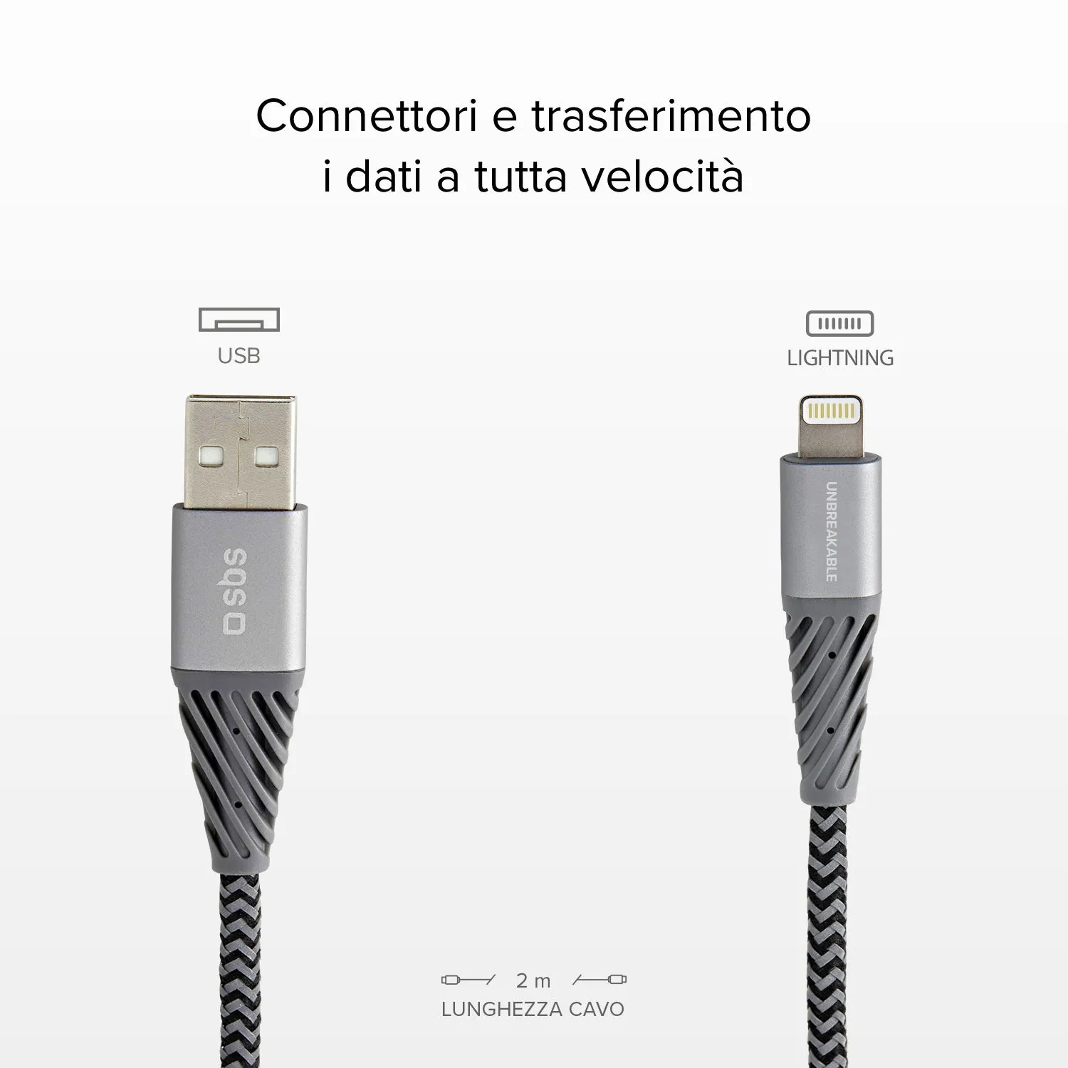 SBS Unbreakable Lightning Kabel 2m Grau-Schwarz