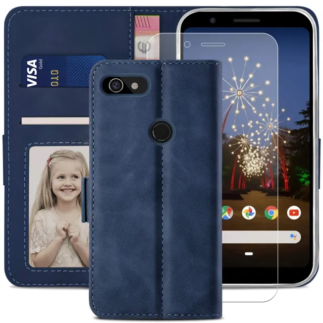YATWIN Google Pixel 3A Klapphülle Blau Leder mit Glas