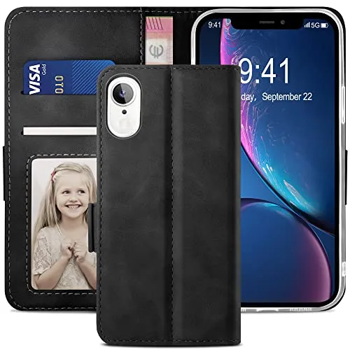 YATWIN iPhone XR Klapphülle Leder Schwarz mit Glas