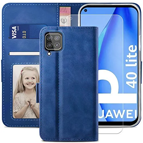 YATWIN Huawei P40 Lite 4G Klapphülle Blau mit Glas