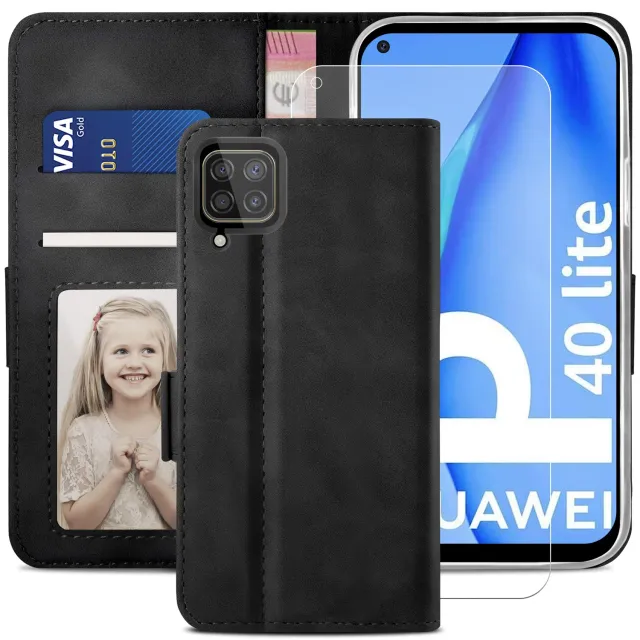 YATWIN Huawei P40 Lite 4G Klapphülle Schwarz Leder