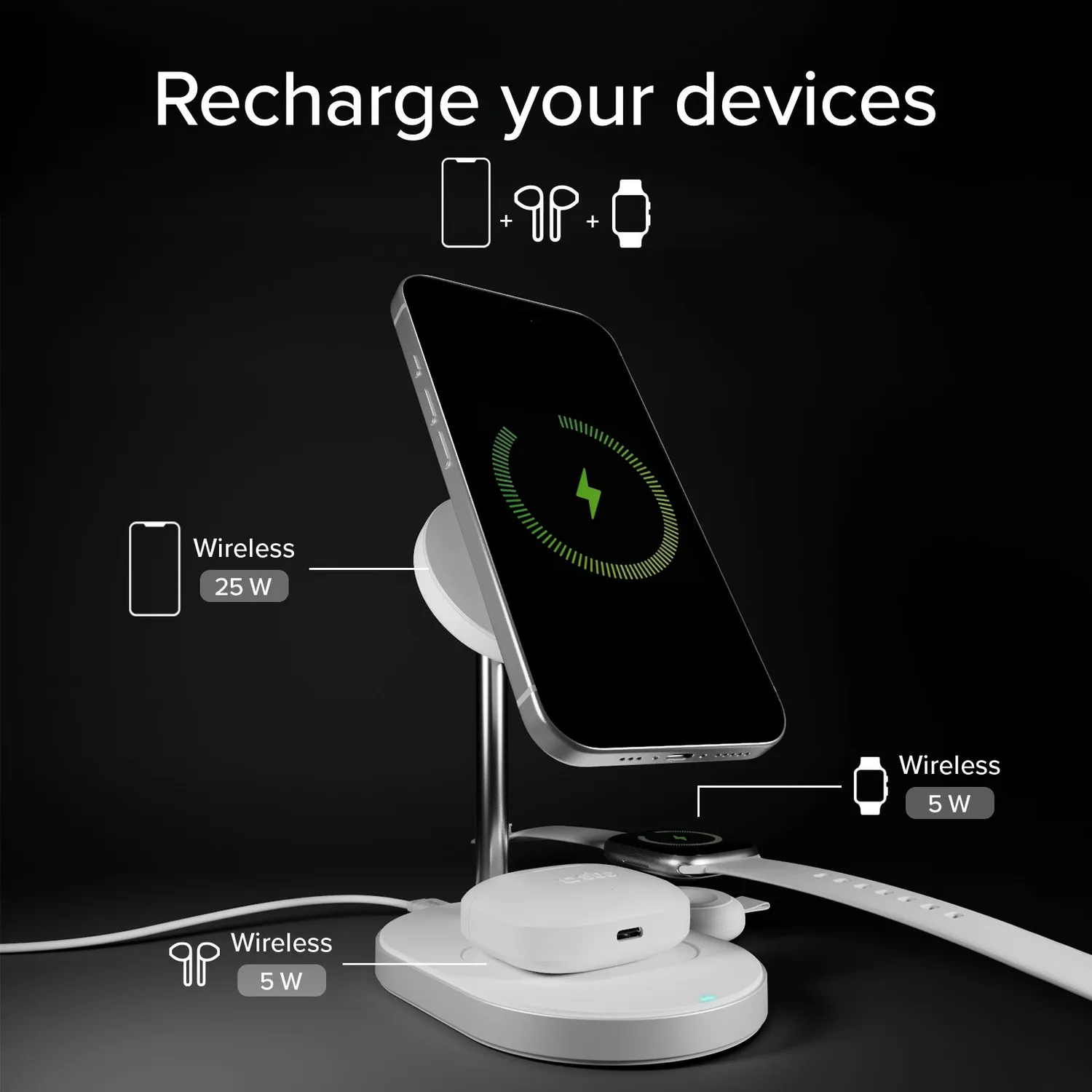 SBS Qi2.2 3-in-1 Ladestation MagSafe 25W für Apple Watch