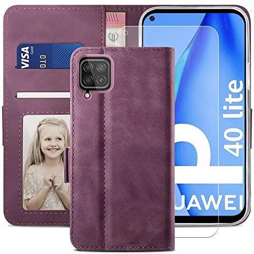 YATWIN Huawei P40 Lite 4G Klapphülle Weinrot mit Glas
