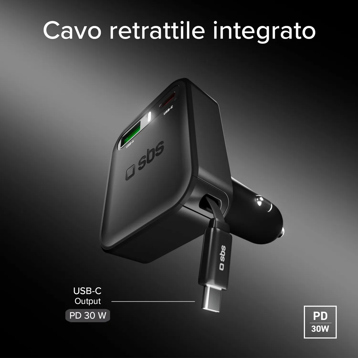 SBS Auto Ladegerät 3in1 Retraktibel USB-C 35W PD Kabel
