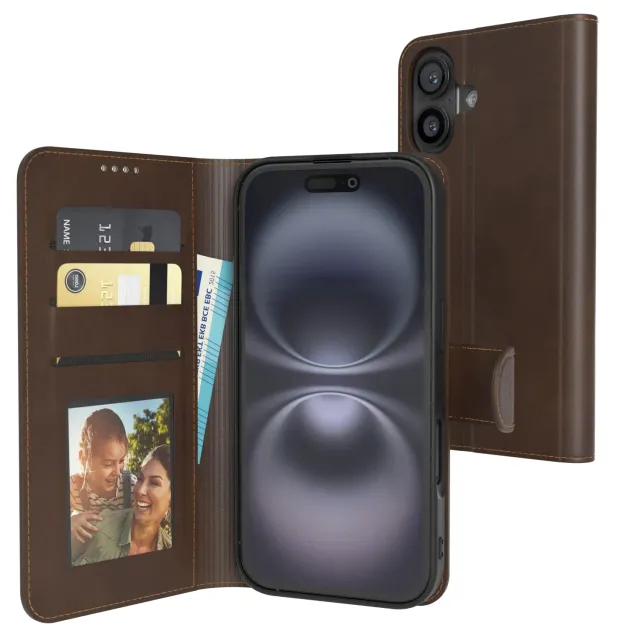 EAZY CASE iPhone 16 Klapphülle Braun Leder mit Kartenfach