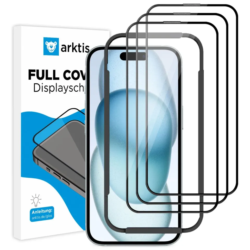 arktis Full Cover iPhone 15 Plus Panzerglas 3er Set 9H