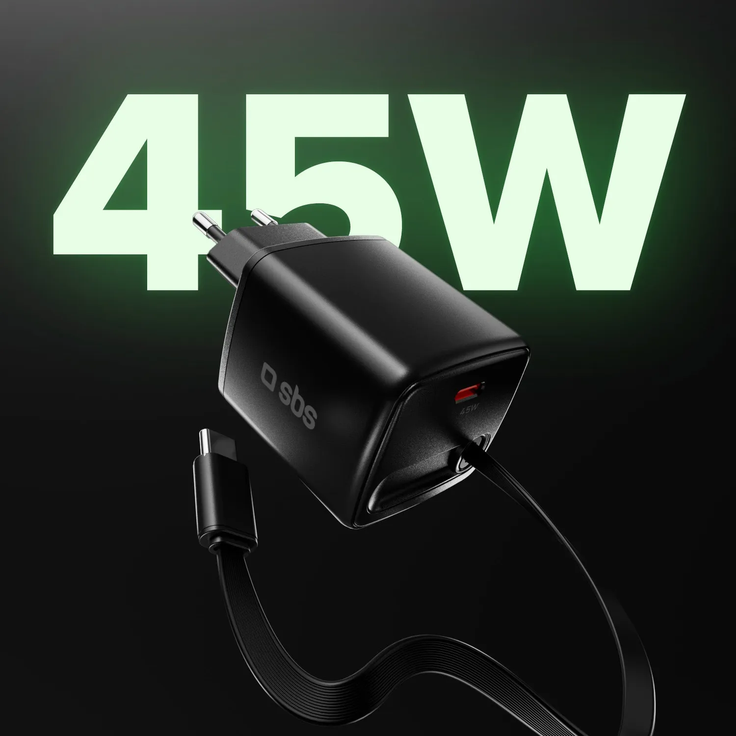 SBS Ladegerät 45 W GaN USB-C einziehbar 75 cm Doppel
