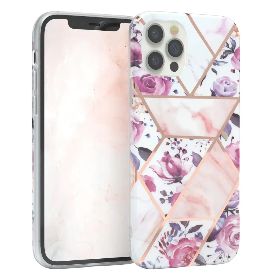 EAZY CASE iPhone 12/12 Pro Silikonhülle Blumen Rosé-Gold dünn