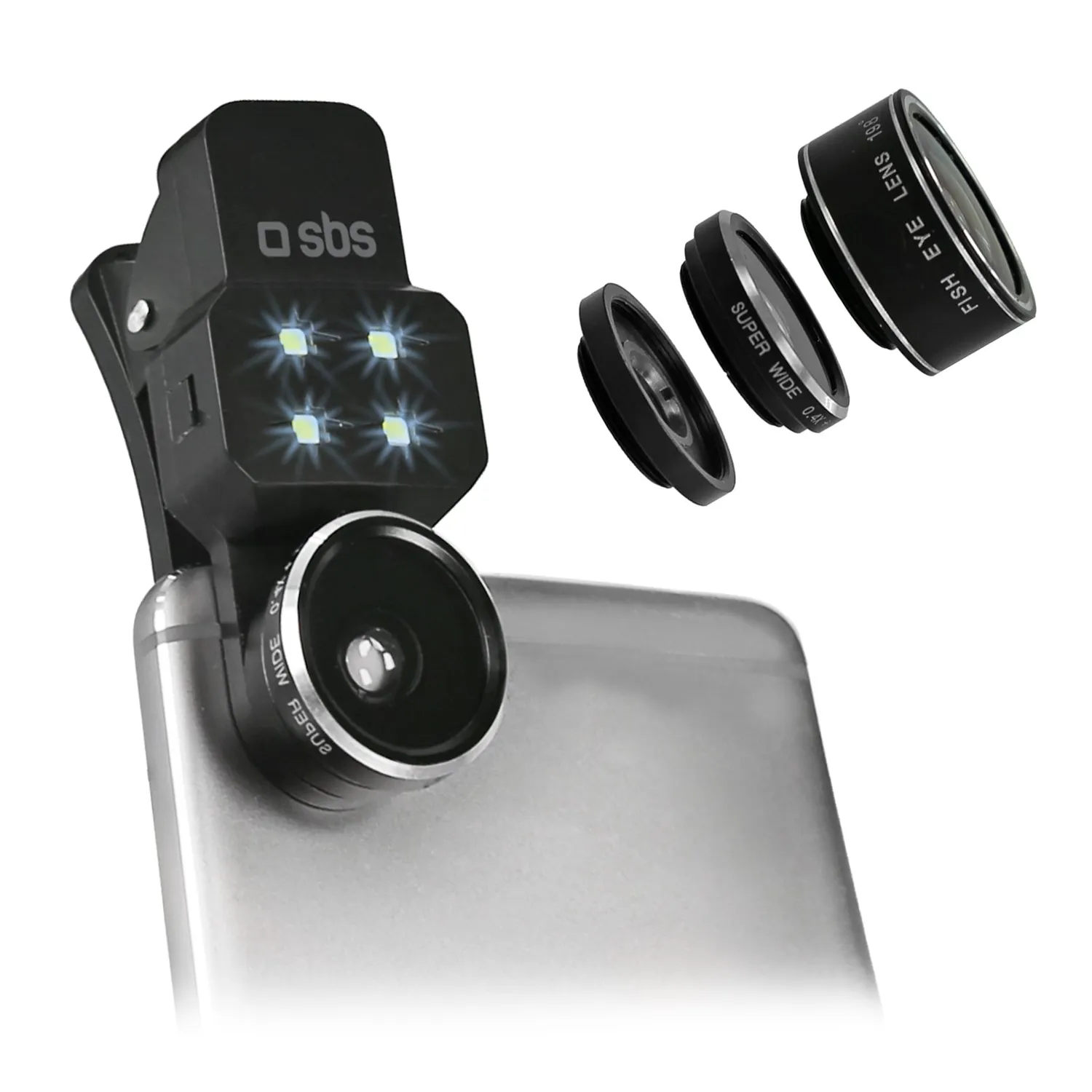 SBS Kit Lenti 4in1 Handy-Linse Fisheye Makro mit Blitz
