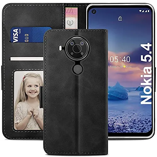 YATWIN Nokia 5.4 Klapphülle Schwarz Leder mit Kartenfach
