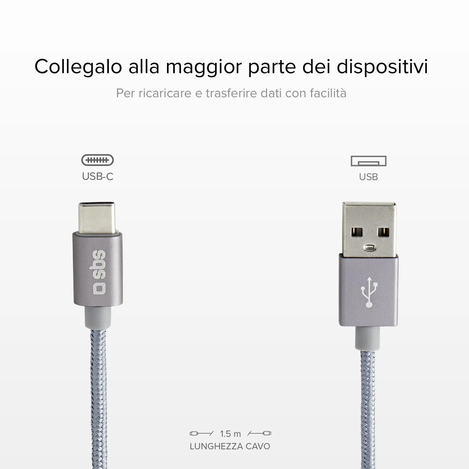 SBS USB-C Nylon Kabel 1,5 m USB-A silber