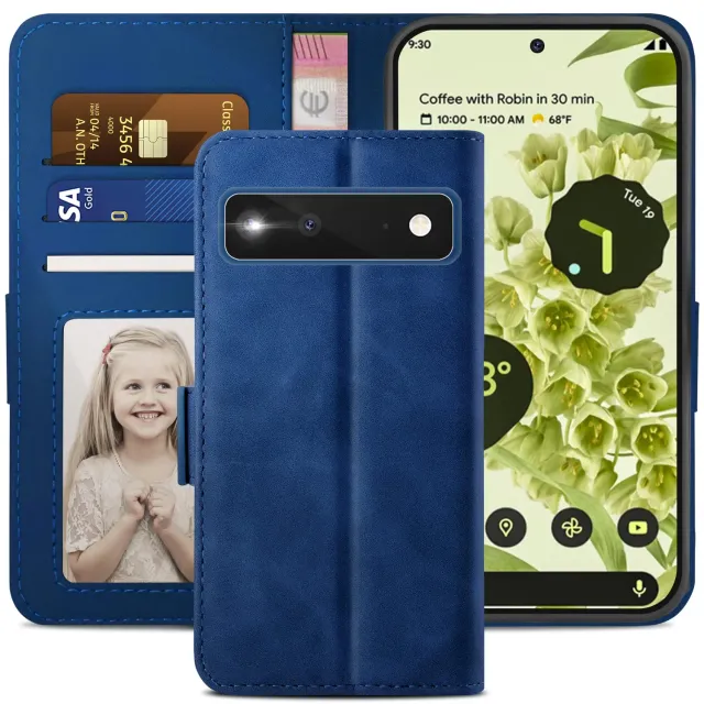YATWIN Pixel 6 Klapphülle Leder blau + Panzerglas
