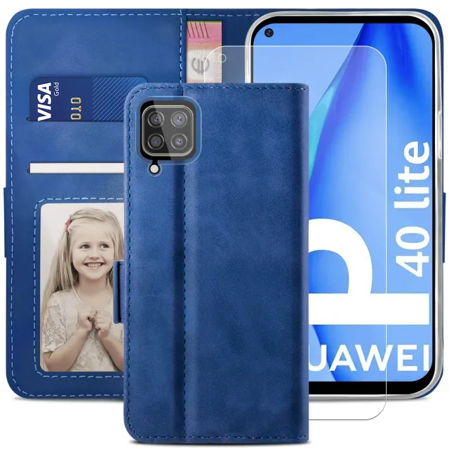 YATWIN Huawei P40 Lite 4G Klapphülle Blau mit Glas