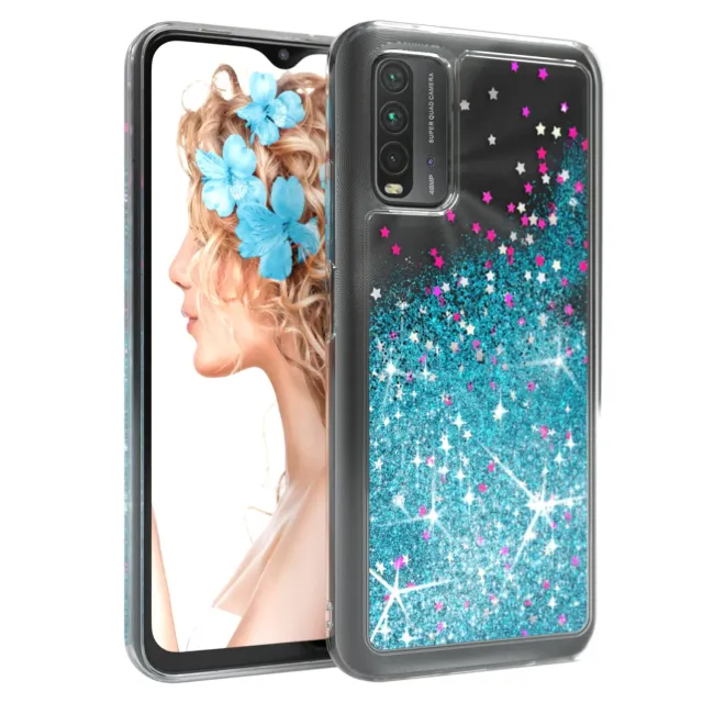 EAZY CASE Redmi 9T Glitzerhülle Transparent Blau liquid