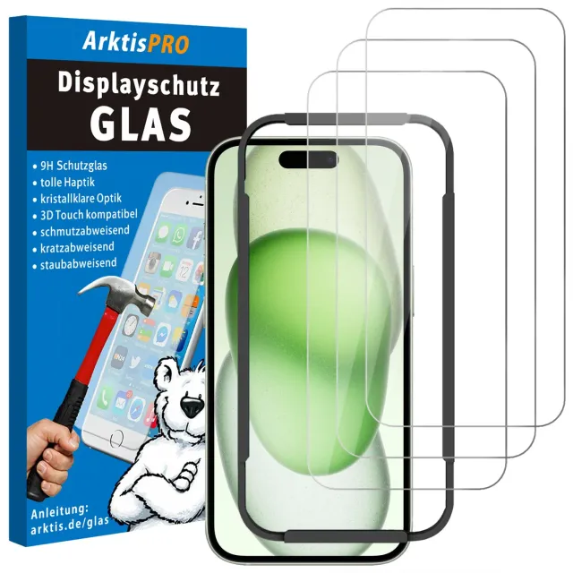arktis iPhone 15 Plus Glas Displayschutz 3er Set 9H klar