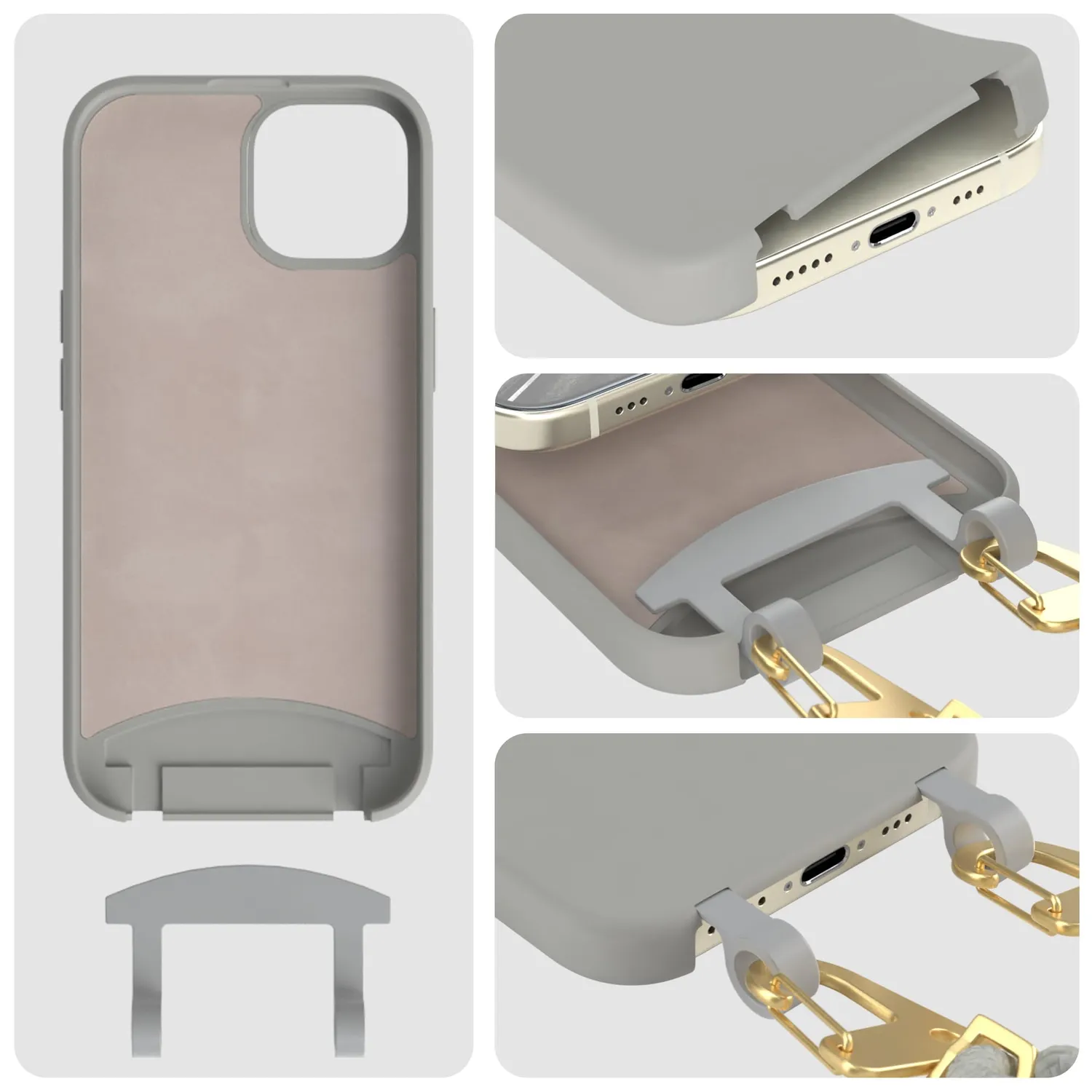 EAZY CASE 2in1 Handykette Hülle iPhone 15 Grau Karabiner stoßfest