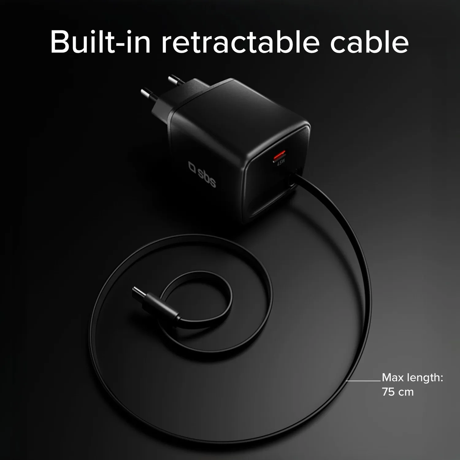 SBS Ladegerät 45 W GaN USB-C einziehbar 75 cm Doppel