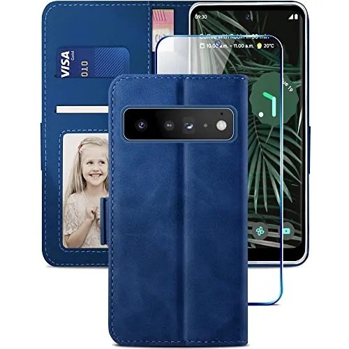YATWIN Pixel 6 Pro Klapphülle Leder Blau mit Panzerglas