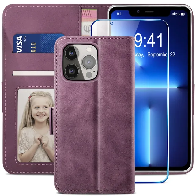 YATWIN iPhone 13 Pro Handyhülle Weinrot Leder mit Panzerglas