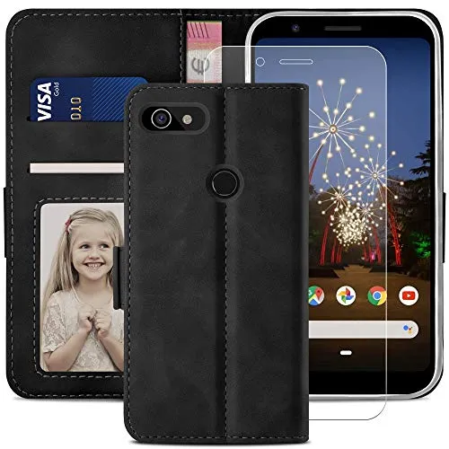 YATWIN Google Pixel 3A Klapphülle Schwarz Leder mit Glas
