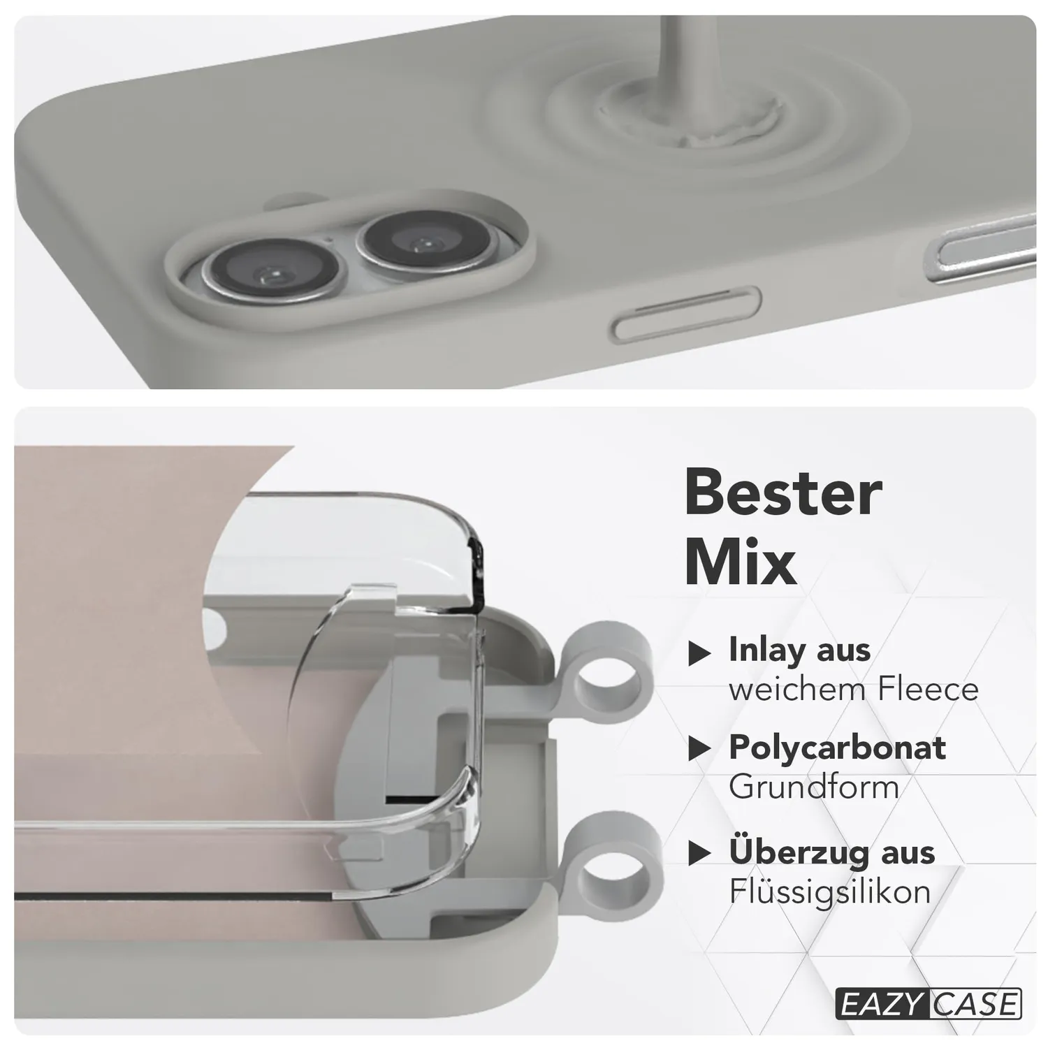 EAZY CASE iPhone 16 Hülle mit Band Karabiner Grau