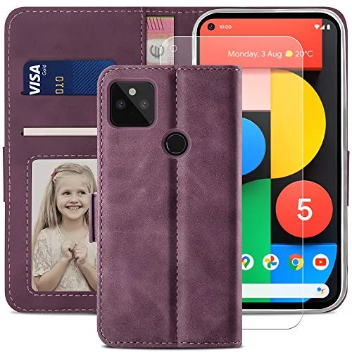 YATWIN Pixel 5 Klapphülle Weinrot Leder + Panzerglas
